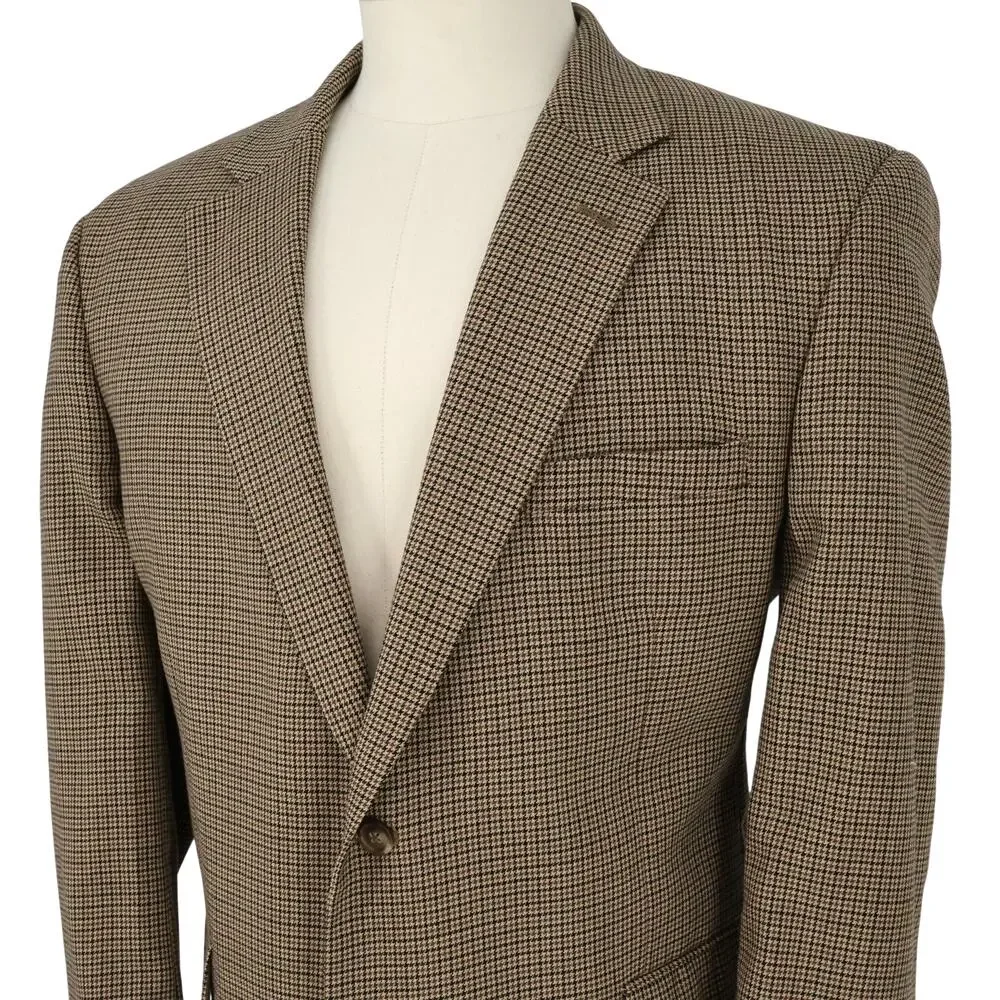 Jos A Bank Sport Coat Mens 46R Brown Houndstooth Plaid Wool Jacket Lined Blazer